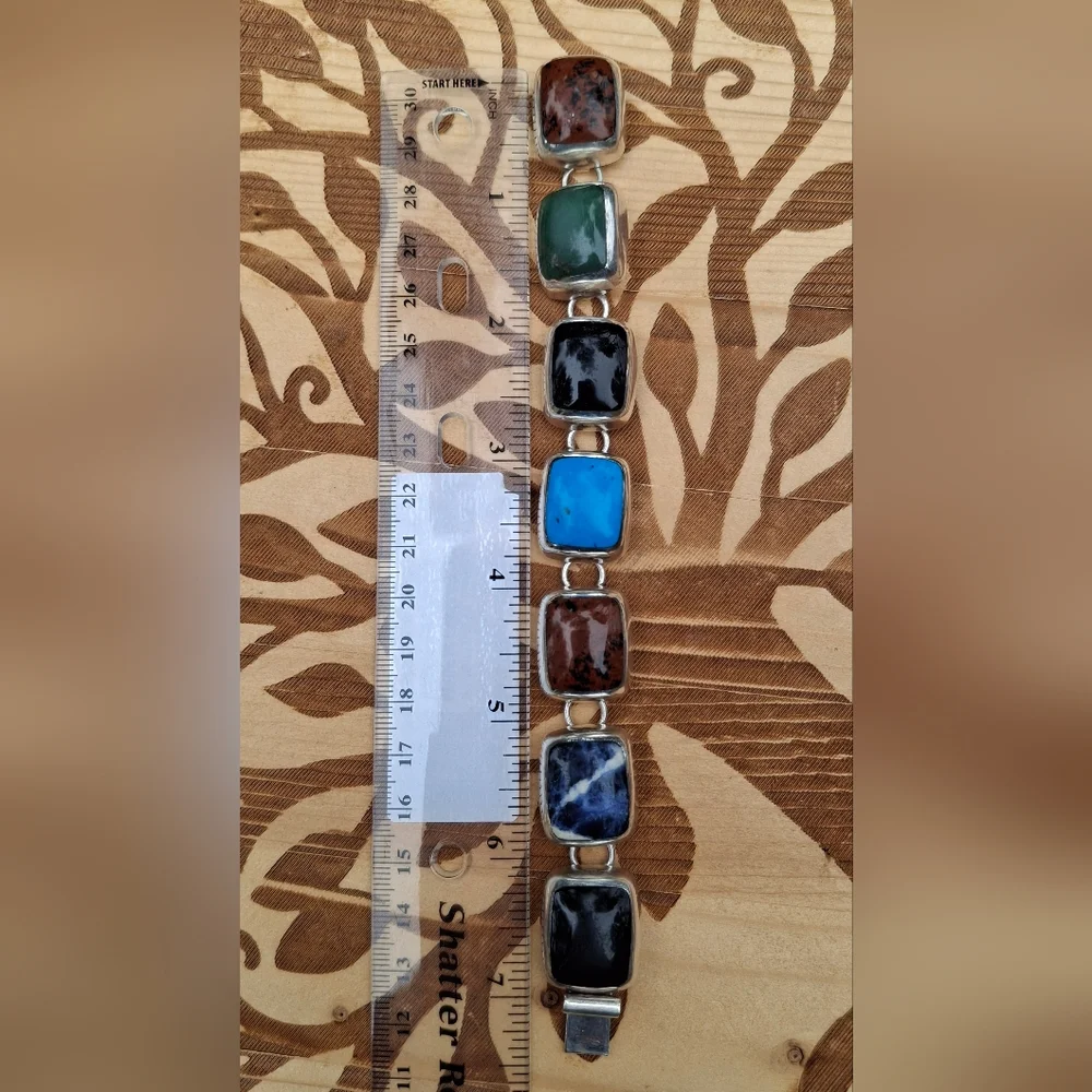 VTG Taxco Mexico Sterling Silver Multi-Gemstone Link Bracelet Turquoise T2-17